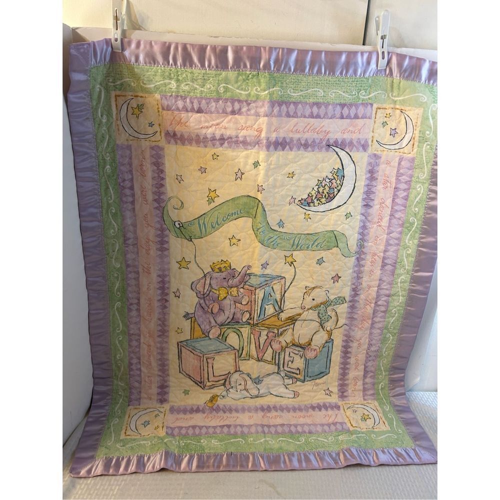 The Moon Sang A Lullaby Purple and Pastels‎ reversible quilt 34x44"